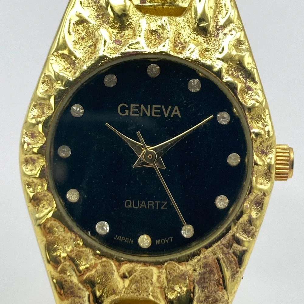 Geneva Womens Watch 24mm Gold Tone Nugget Style Band Black Dial New Battery 7.25